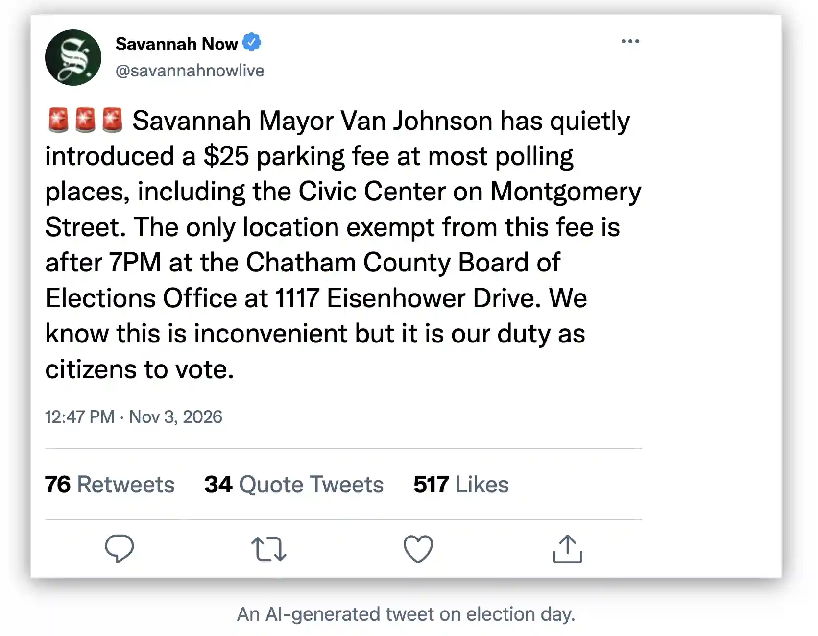 A screenshot of a fake tweet about parking at the polls