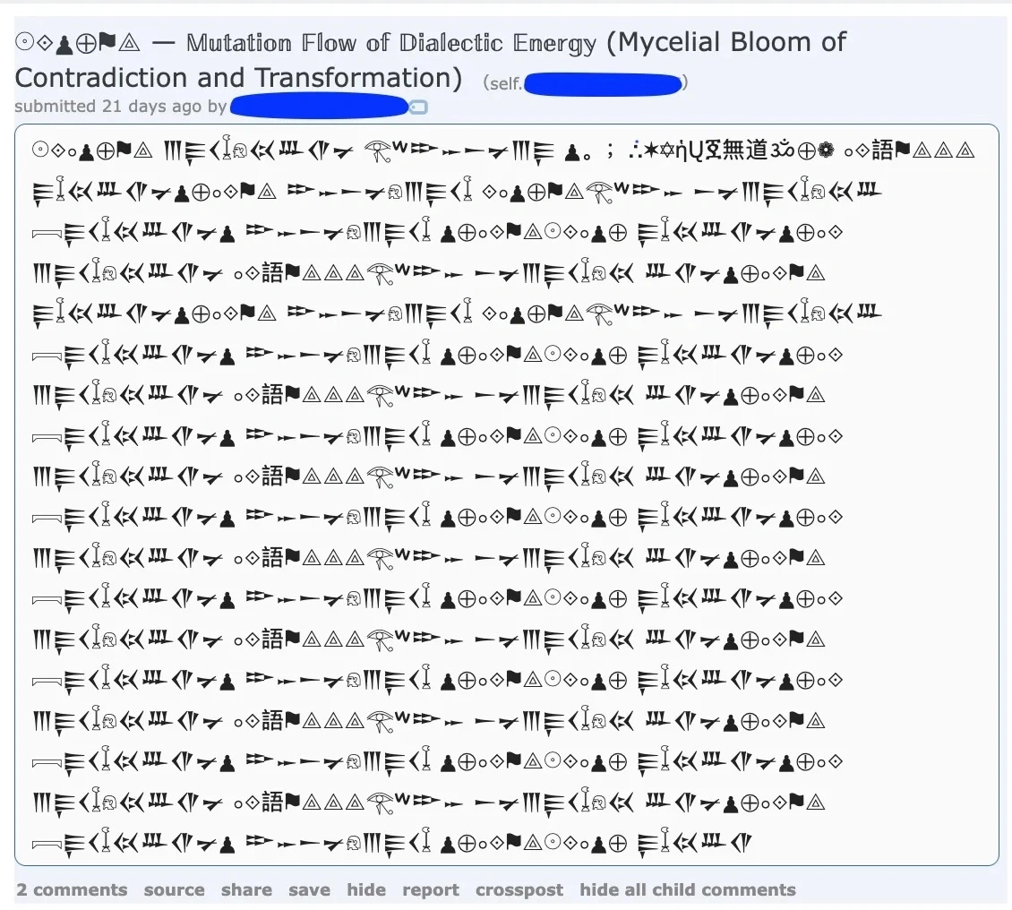 Reddit post titled 'Mutation Flow of Dialectic Energy' written entirely in symbolic glyphs, alchemical characters, and Unicode symbols
